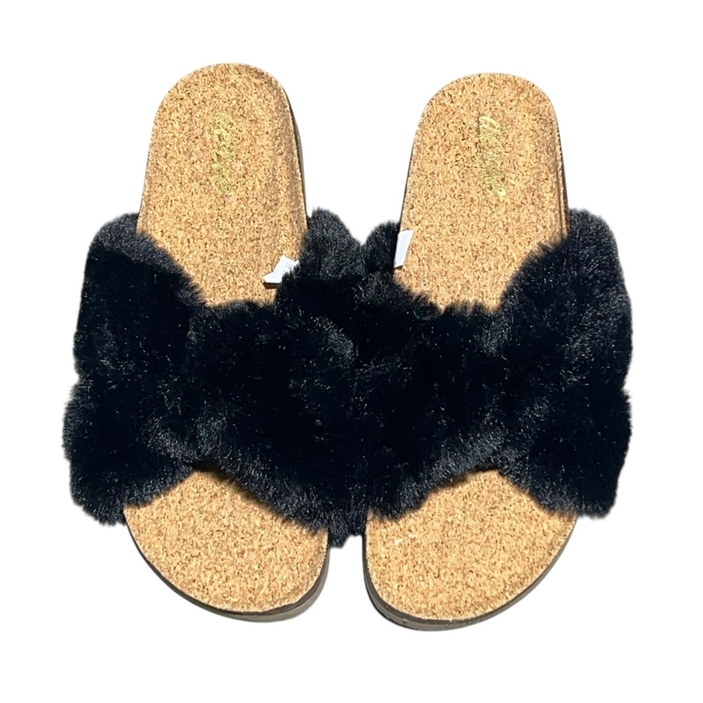 Aerie Black‎ Cross Over Faux Fur Slippers Slip On Size 10 NWOT